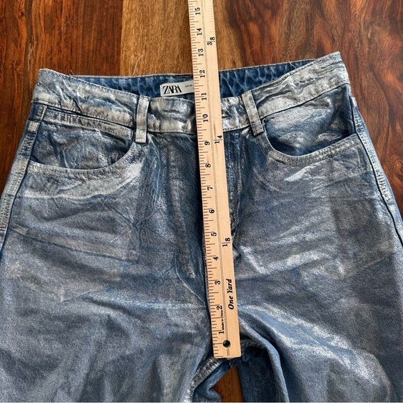 Zara Z1975 MID RISE STRAIGHT CUT METALLIC FOIL JEANS Blue Silver NWOT Size 4 - Picture 8 of 10